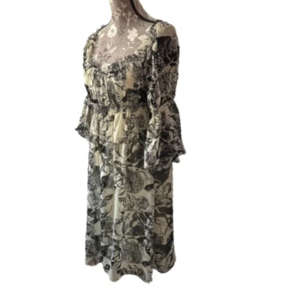 Max Studio Small Women's Black and Tan Midi Dress 3/4 Bell Sleeves Boho Relaxed - Picture 2 of 15